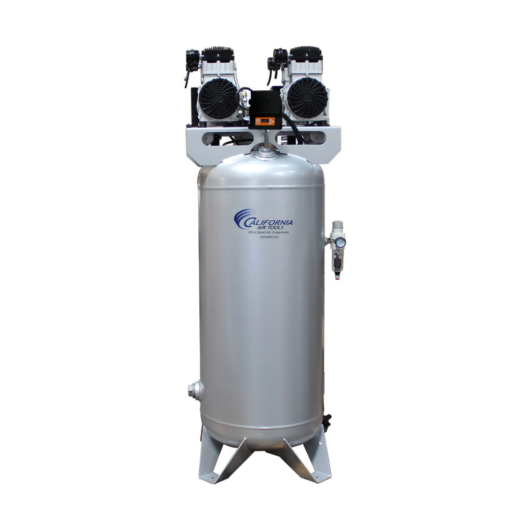 California Air Tools 60040DSMADC air compressor in-use installation setup with dual drying system and vertical tank design