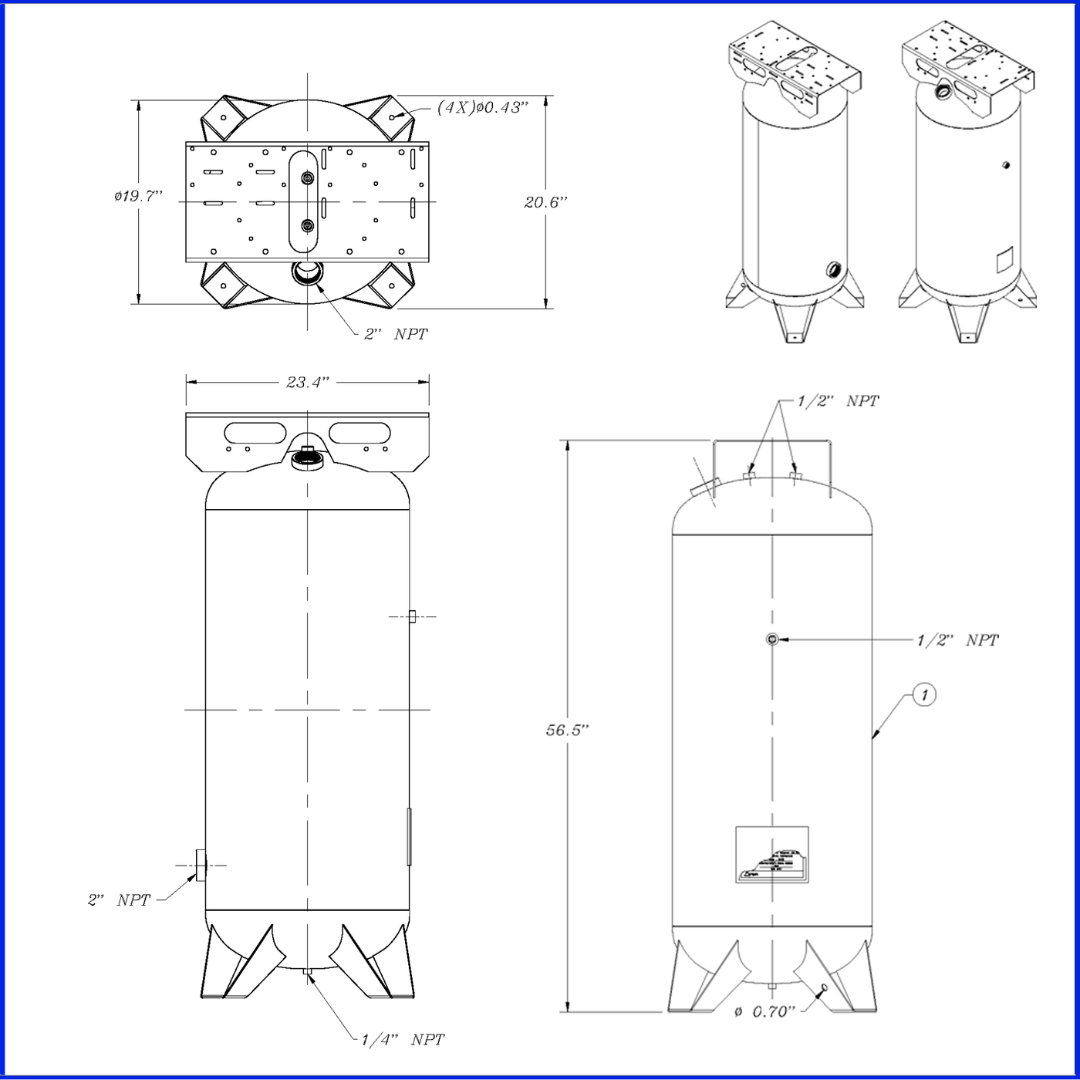 California Air Tools 60040DSMADC air compressor technical dimension drawing showing full measurements and engineering layout