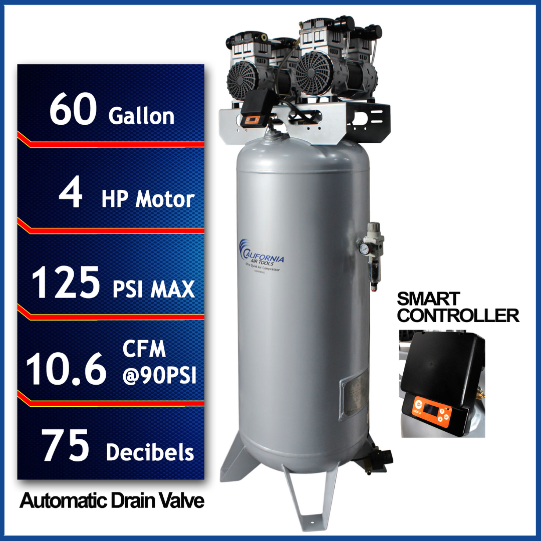 California Air Tools 60040SMAD air compressor front view showing 60 gallon vertical ASME tank with 4.0 HP motor and SMART controller
