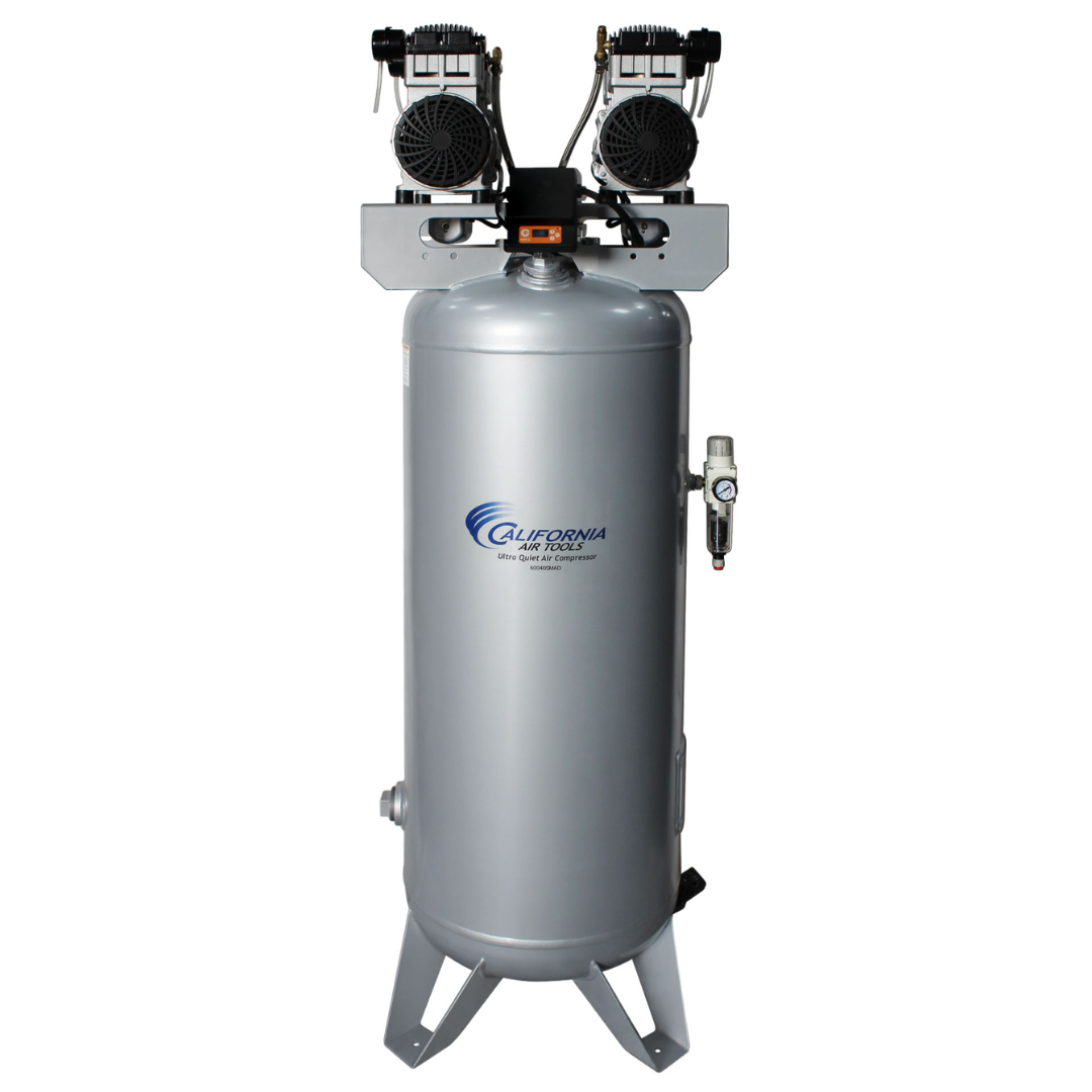 California Air Tools 60040SMAD air compressor full side profile with dual motor assembly and steel tank construction.