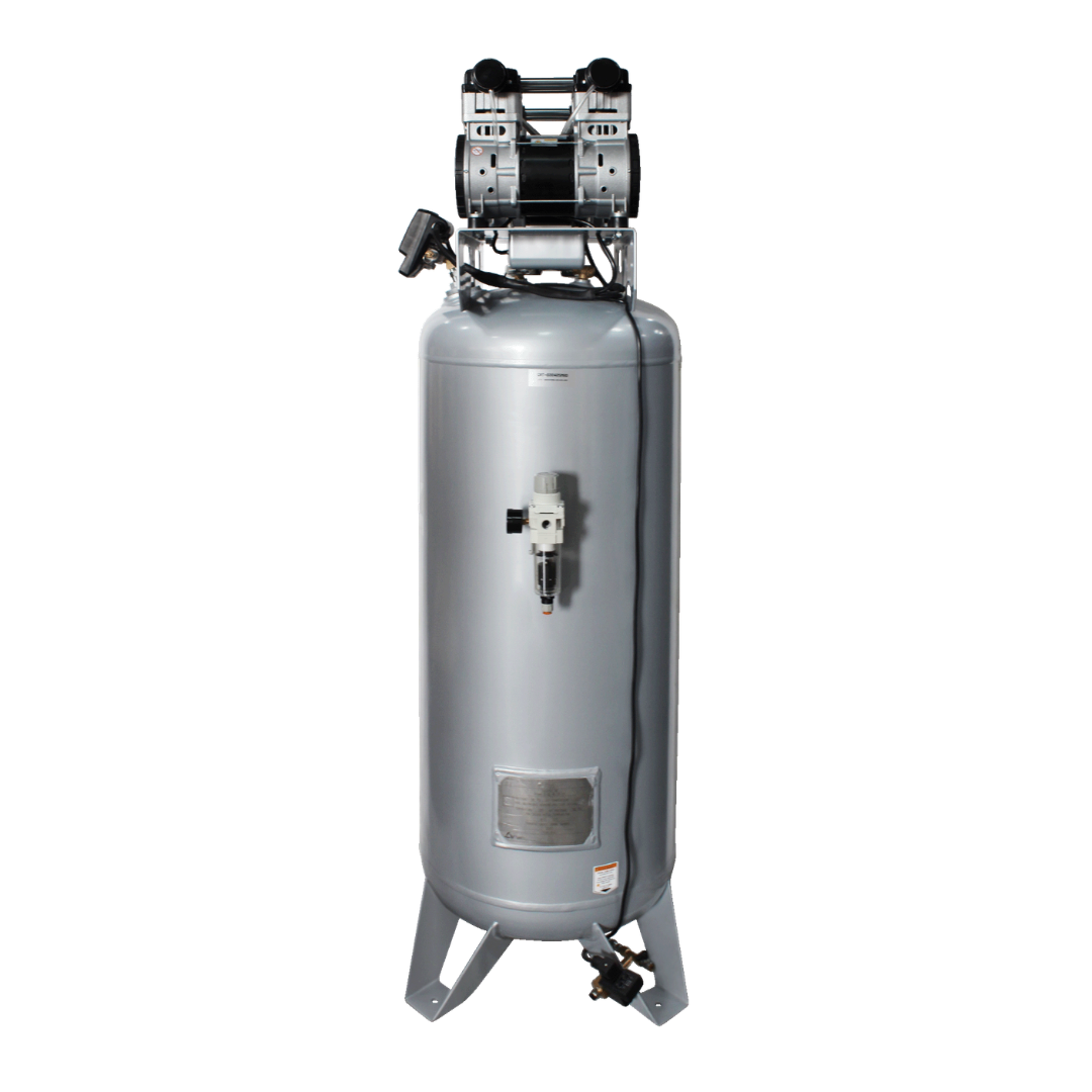 California Air Tools 60040SMAD air compressor full side profile with dual motor assembly and steel tank construction