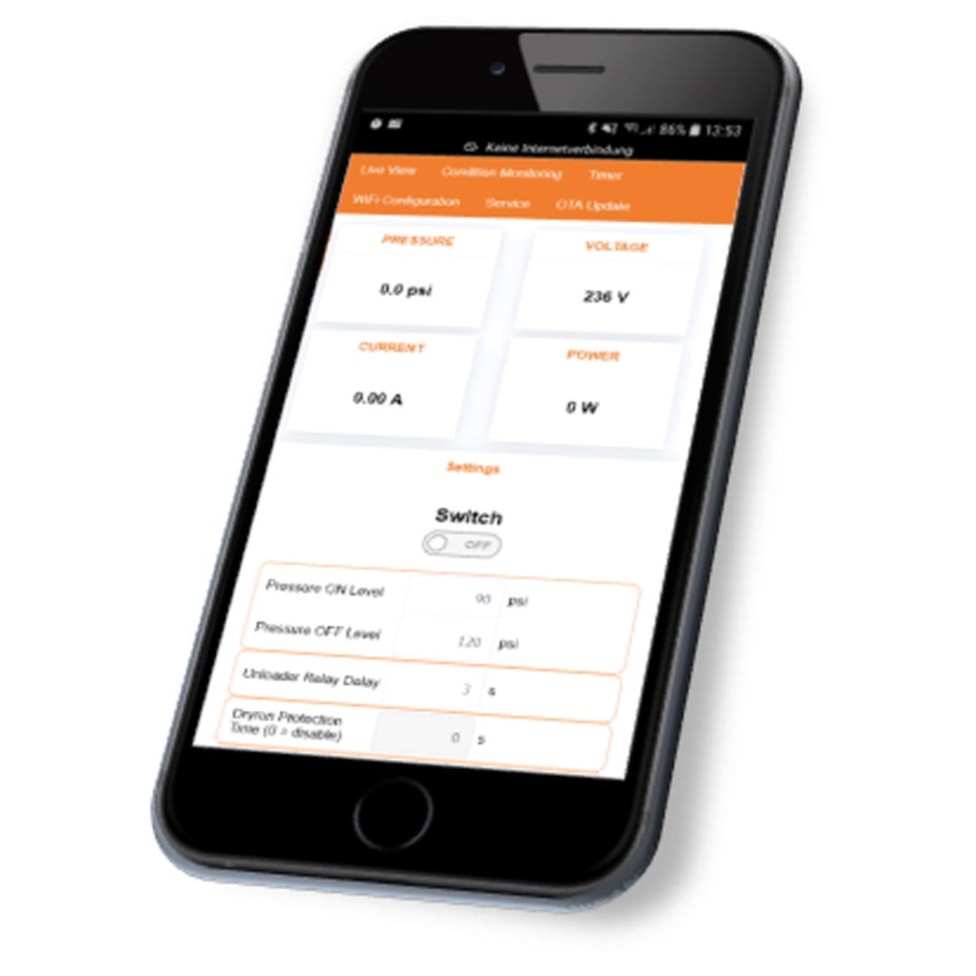 California Air Tools 60040SMAD air compressor mobile app interface for SMART controller remote monitoring.