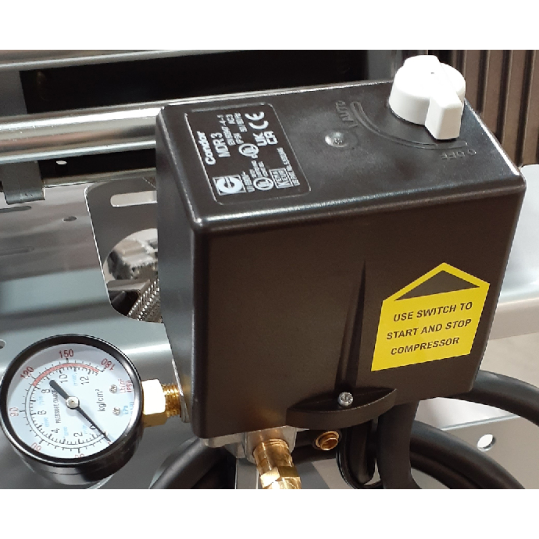 California Air Tools 60065C air compressor control box and pressure gauge close-up
