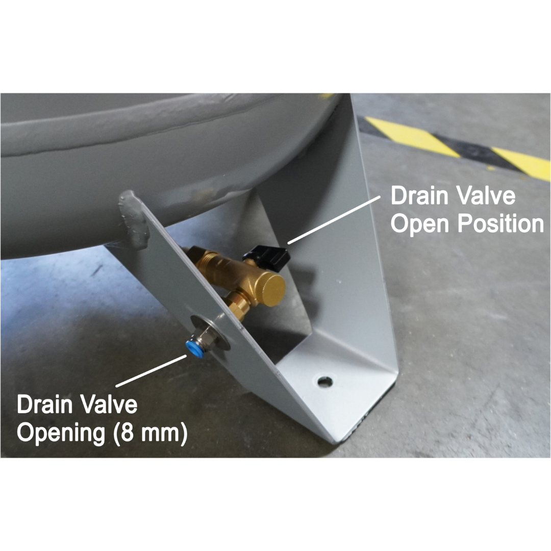 California Air Tools 60065C air compressor drain valve system showing tank drainage component