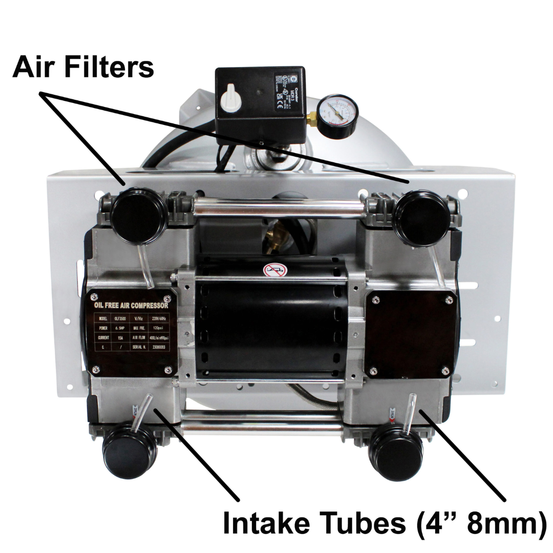 California Air Tools 60065C air compressor dual piston pump assembly close-up showing intake tubes and cooling design