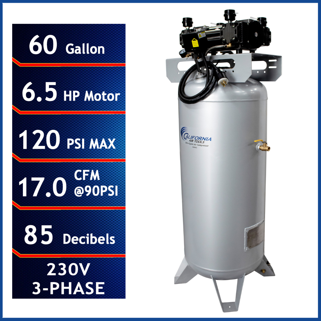California Air Tools 60065C air compressor front view showing 60 gallon vertical ASME tank with 6.5 HP motor and ultra quiet oil-free system