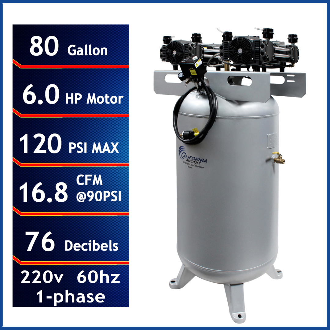 California Air Tools 80060C Powerful 6.0 Hp Ultra Quiet & Oil-Free 80 Gallon Stationary Air Compressor front view with specifications panel