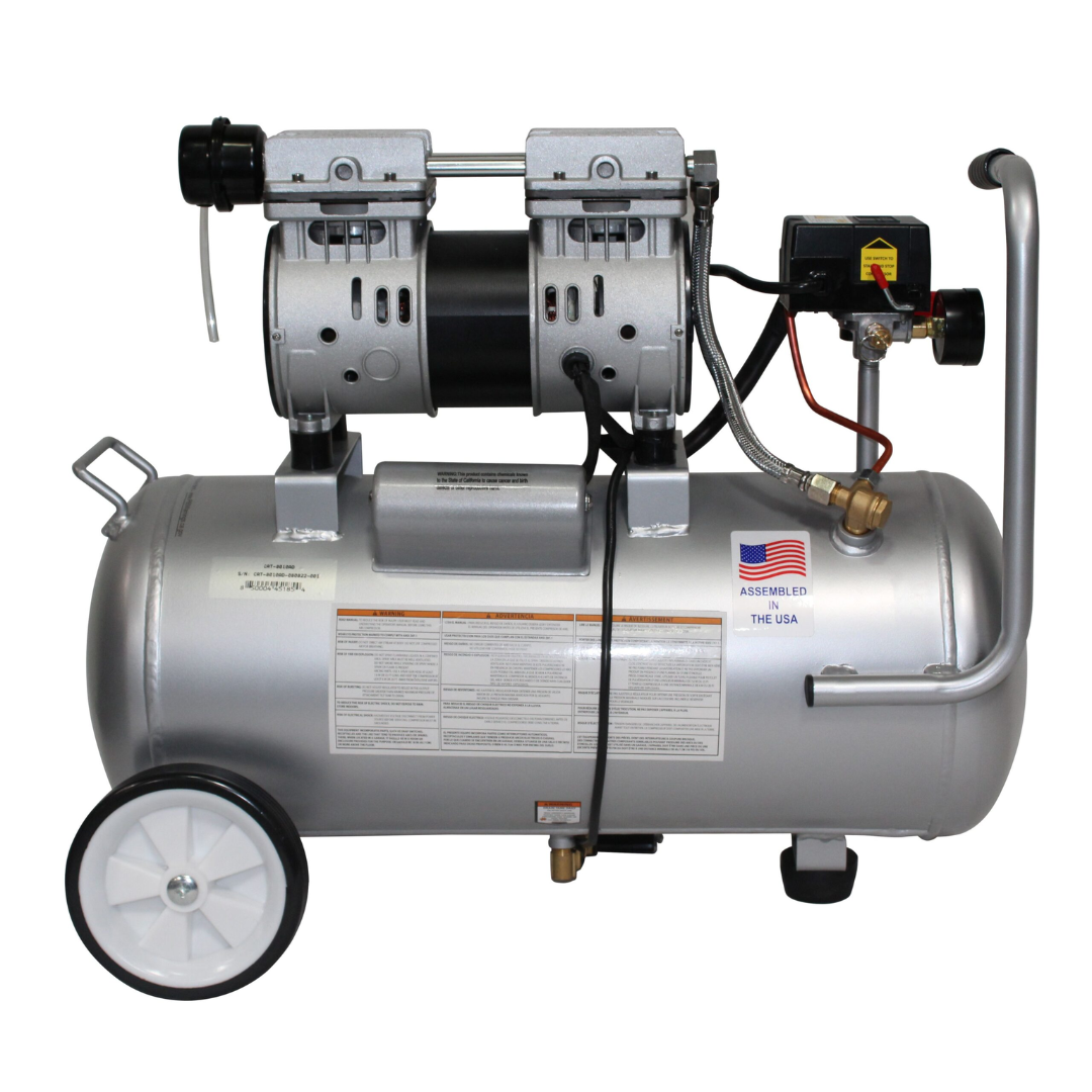 California Air Tools 8010AAD Ultra Quiet, Oil-Free, Lightweight Aluminum Tank 1.0 Hp Air Compressor with Automatic Drain Valve front angled view showing aluminum tank and gauges.