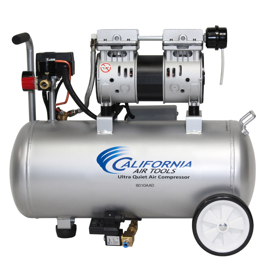 California Air Tools 8010AAD Ultra Quiet, Oil-Free, Lightweight Aluminum Tank 1.0 Hp Air Compressor with Automatic Drain Valve front angled view showing aluminum tank and gauges