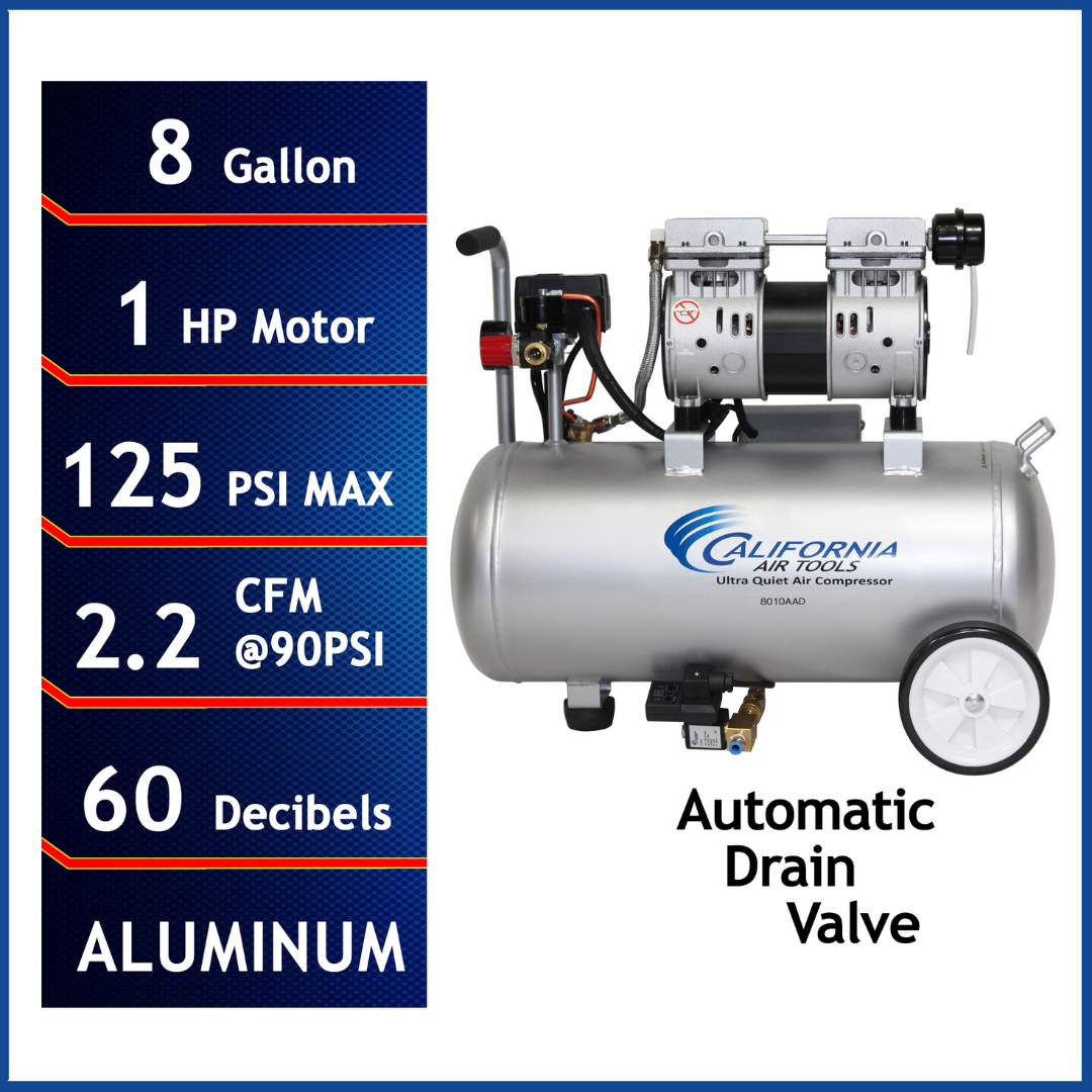 California Air Tools 8010AAD Ultra Quiet, Oil-Free, Lightweight Aluminum Tank 1.0 Hp Air Compressor with Automatic Drain Valve showing full unit with 8 gallon tank and performance specs
