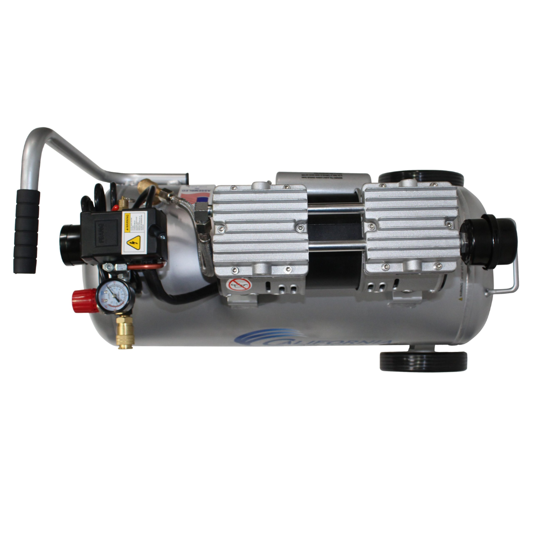 California Air Tools 8010AD Ultra Quiet, Oil-Free, Lightweight 1.0 Hp 8-Gallon Air Compressor with Automatic Drain Valve rear motor and pump assembly view