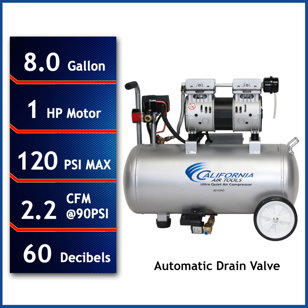 California Air Tools 8010AD Ultra Quiet, Oil-Free, Lightweight 1.0 Hp 8-Gallon Air Compressor with Automatic Drain Valve showing full unit with performance specs overlay