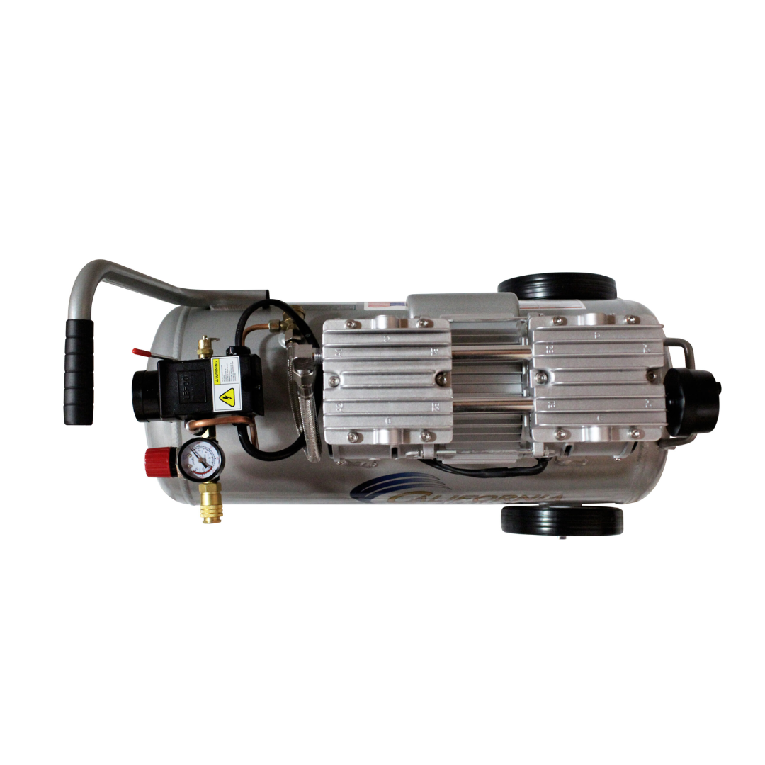 California Air Tools 8010ALFC Ultra Quiet 1.0 Hp, Oil-Free, Lightweight Aluminum 8-Gallon Air Compressor (Industrial Series) close-up of oil-free dual piston pump system
