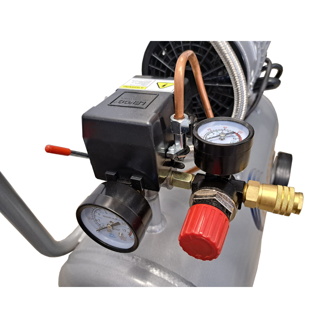 California Air Tools 8010ALFC Ultra Quiet 1.0 Hp, Oil-Free, Lightweight Aluminum 8-Gallon Air Compressor (Industrial Series) front angle showing aluminum tank and dual piston pump