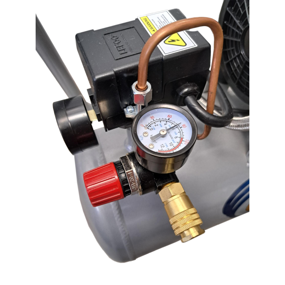 California Air Tools 8010ALFC Ultra Quiet 1.0 Hp, Oil-Free, Lightweight Aluminum 8-Gallon Air Compressor (Industrial Series) pressure gauges and regulator controls close-up