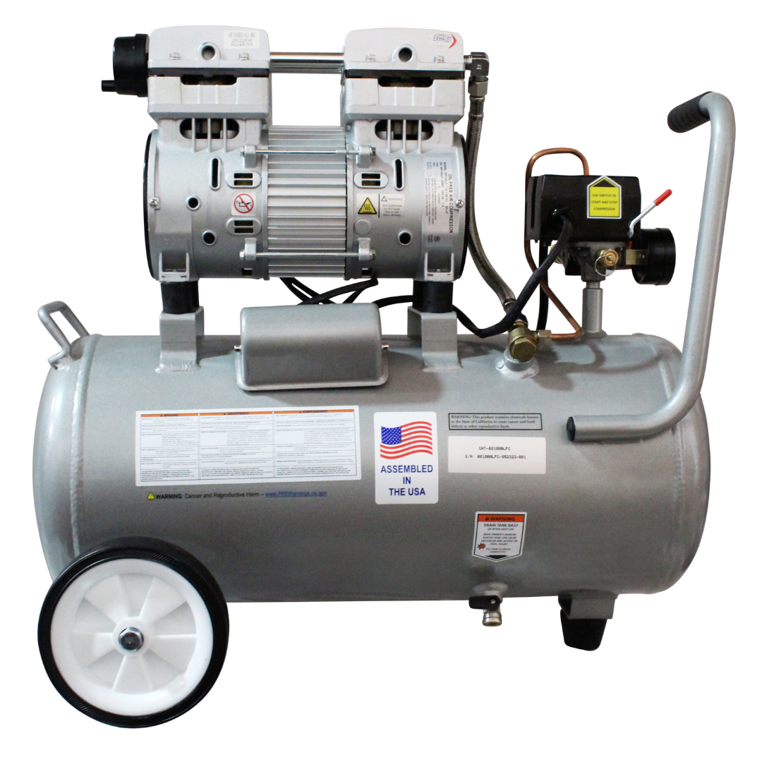 California Air Tools 8010ALFC Ultra Quiet 1.0 Hp, Oil-Free, Lightweight Aluminum 8-Gallon Air Compressor (Industrial Series) rear motor assembly and pump system