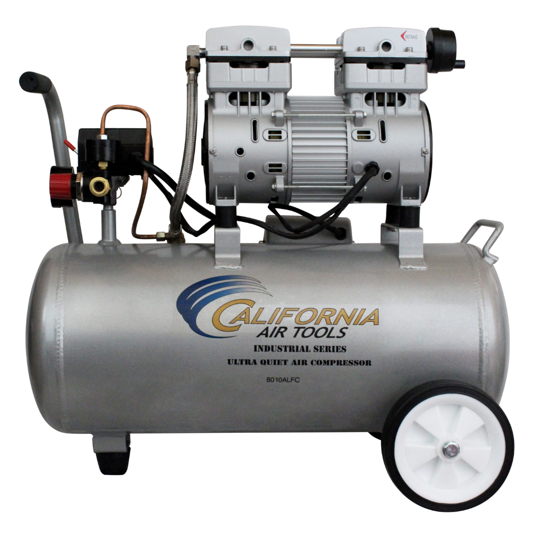 California Air Tools 8010ALFC Ultra Quiet 1.0 Hp, Oil-Free, Lightweight Aluminum 8-Gallon Air Compressor (Industrial Series) side view with wheel kit and tank design