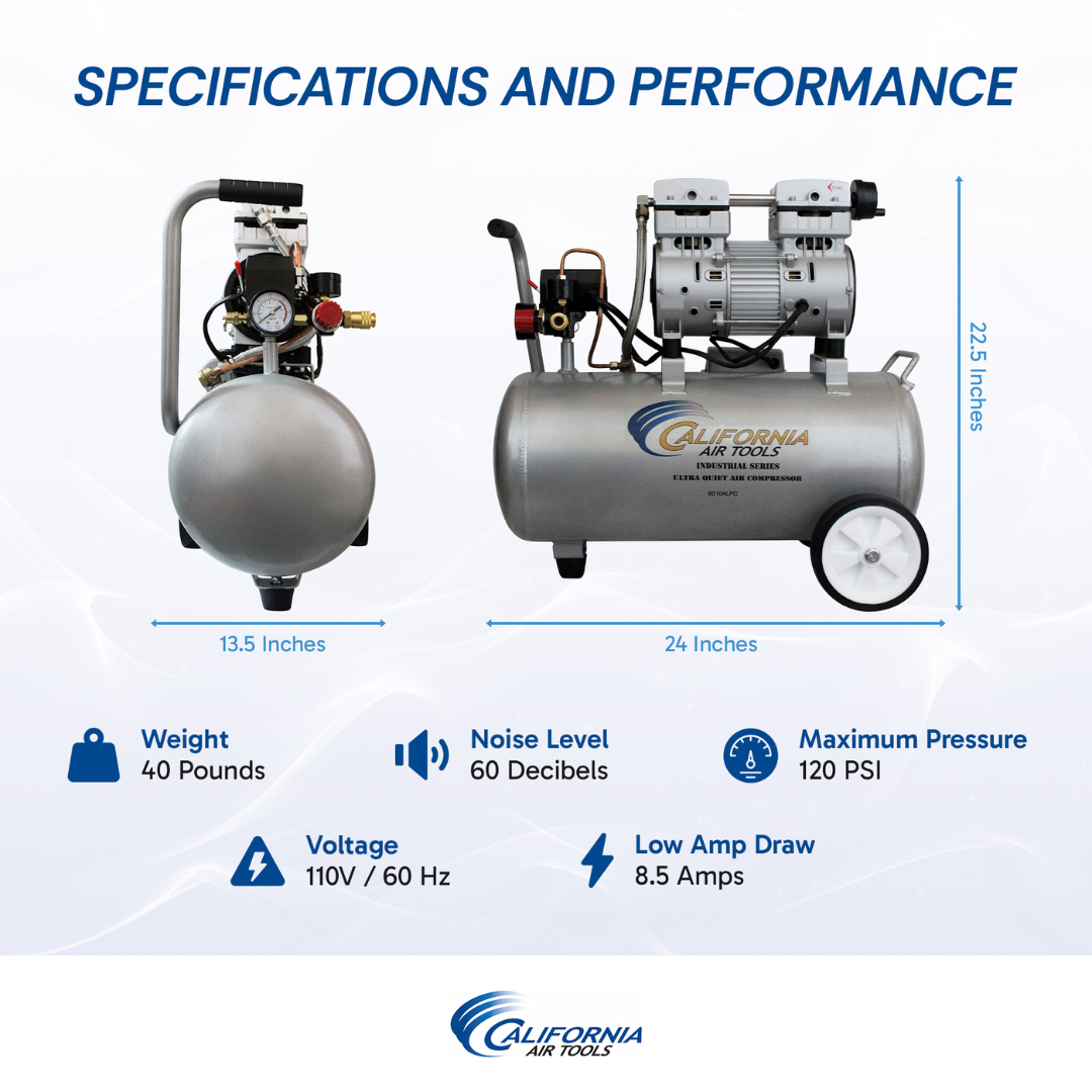 California Air Tools 8010ALFC Ultra Quiet 1.0 Hp, Oil-Free, Lightweight Aluminum 8-Gallon Air Compressor (Industrial Series) specifications and performance comparison chart
