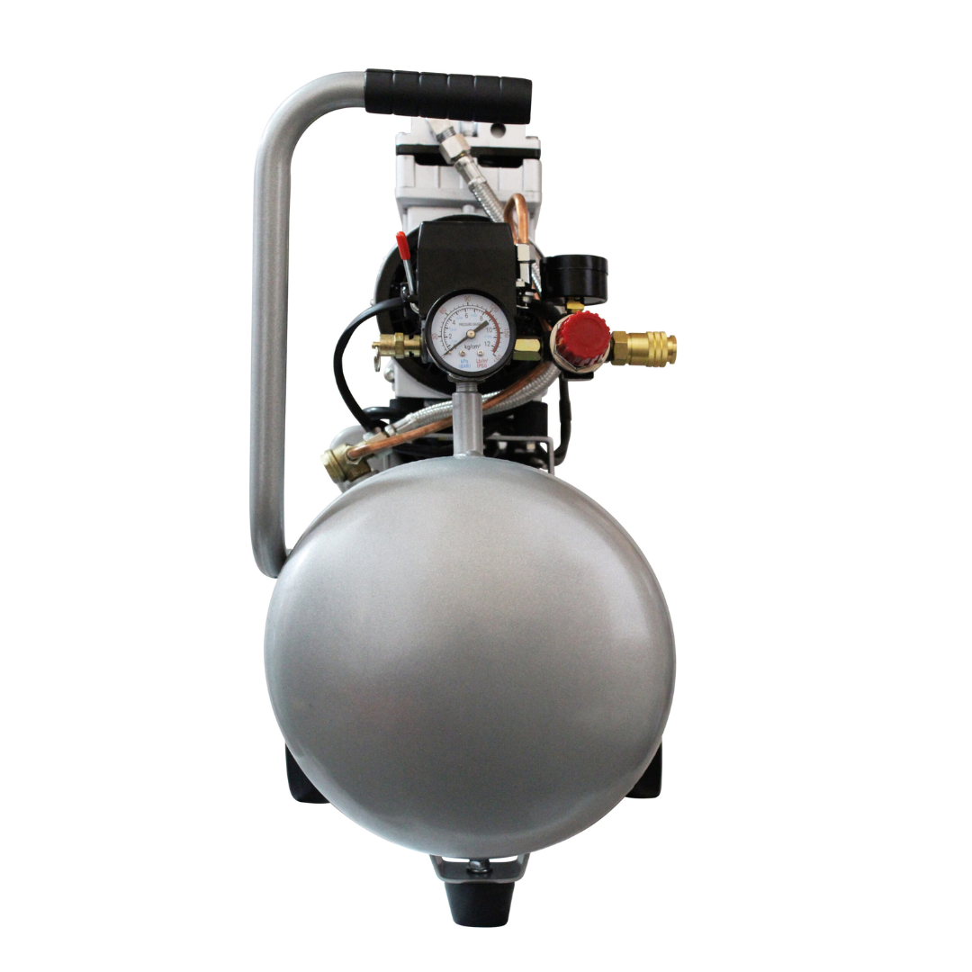 California Air Tools 8010ALFC Ultra Quiet 1.0 Hp, Oil-Free, Lightweight Aluminum 8-Gallon Air Compressor (Industrial Series) vertical rear view with mobility wheels