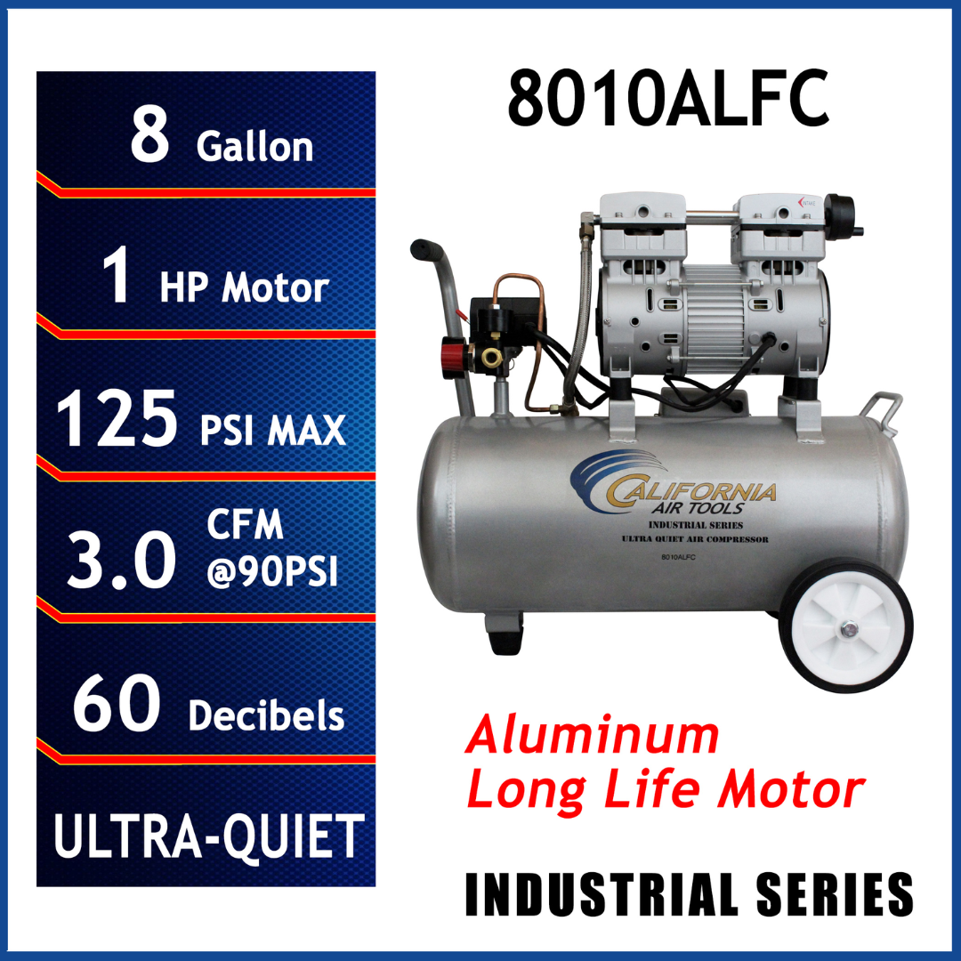 California Air Tools 8010ALFC Ultra Quiet 1.0 Hp, Oil-Free, Lightweight Aluminum 8-Gallon Air Compressor (Industrial Series) with performance specs and aluminum tank display