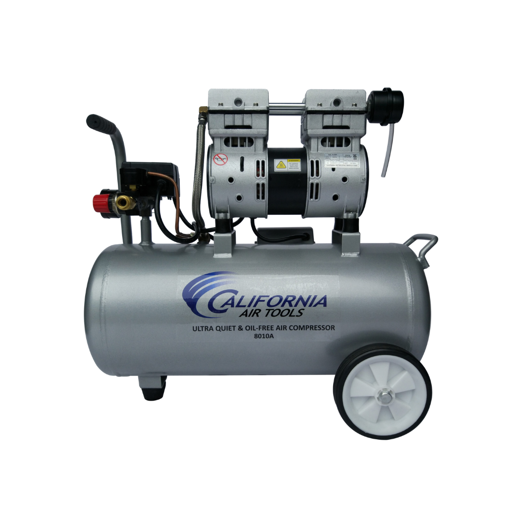 California Air Tools 8010A Ultra Quiet 1.0 Hp Oil-Free Lightweight Aluminum 8-Gallon Air Compressor angled front view with dual piston pump