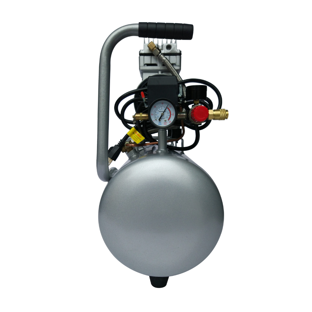 California Air Tools 8010A Ultra Quiet 1.0 Hp Oil-Free Lightweight Aluminum 8-Gallon Air Compressor rear vertical orientation view