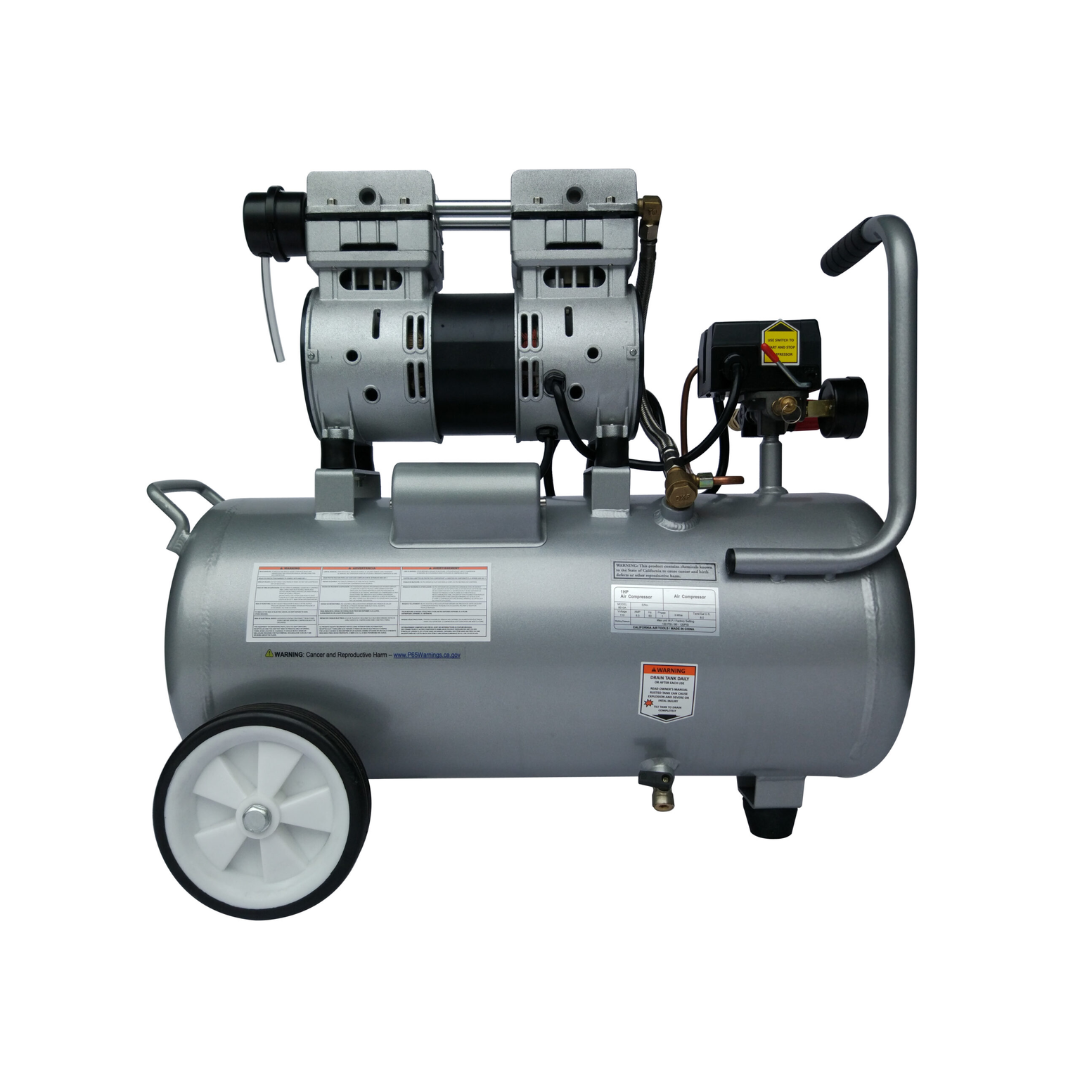 California Air Tools 8010A Ultra Quiet 1.0 Hp Oil-Free Lightweight Aluminum 8-Gallon Air Compressor side view with aluminum tank