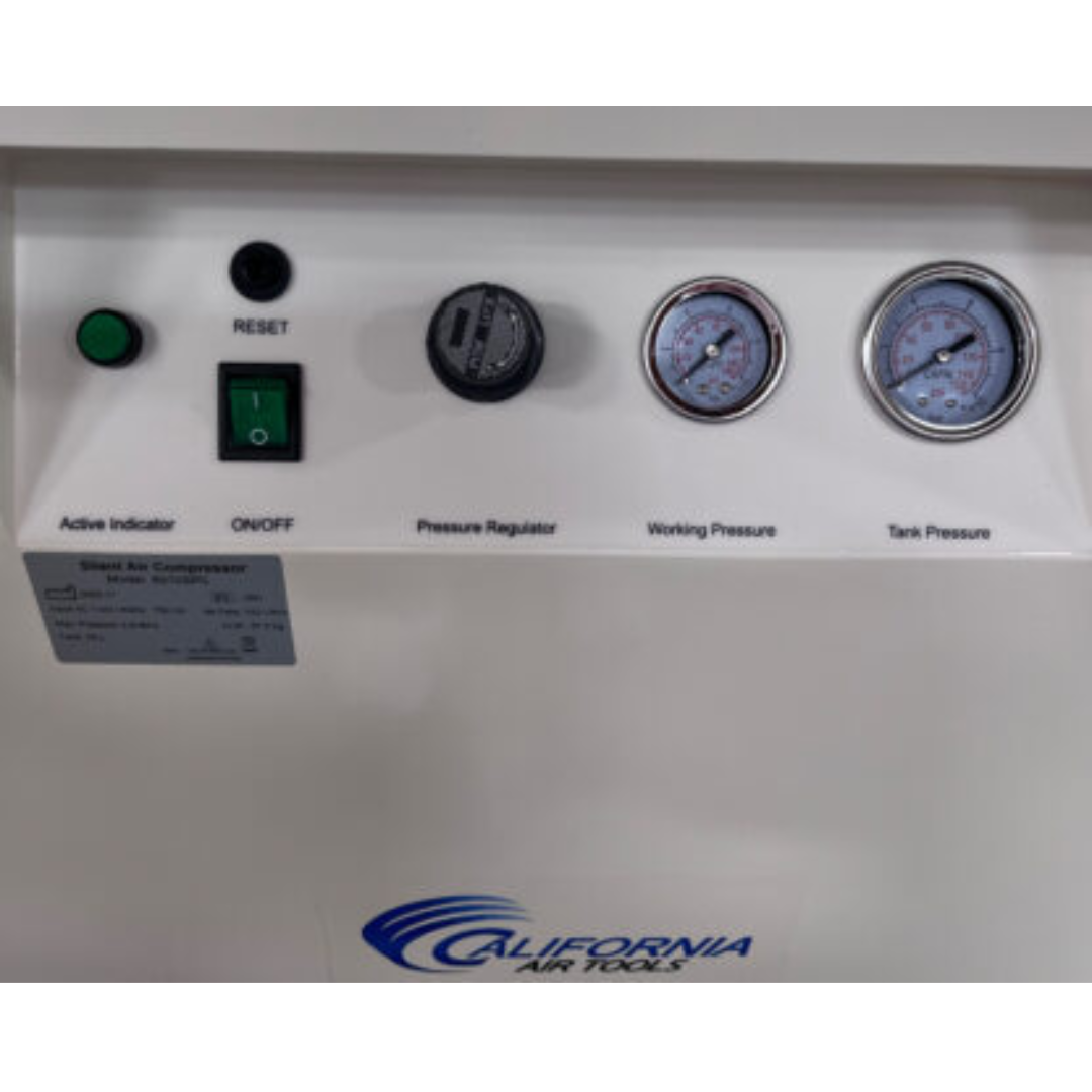 California Air Tools 8010SPC 1.0 Hp Ultra Quiet & Oil-Free Air Compressor with Sound Proof Cabinet control panel with gauges and switches