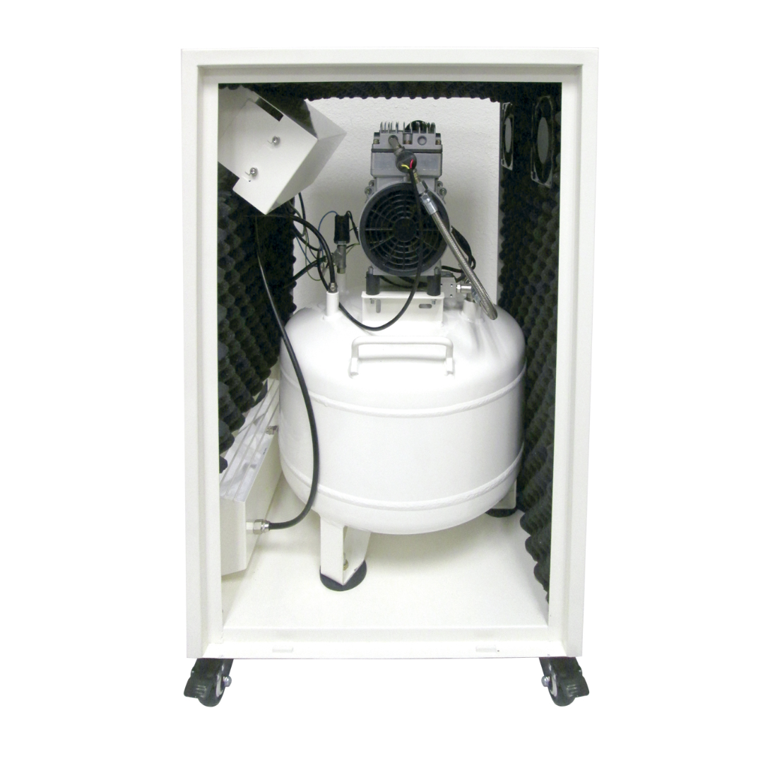 California Air Tools 8010SPC 1.0 Hp Ultra Quiet & Oil-Free Air Compressor with Sound Proof Cabinet open cabinet showing internal compressor tank