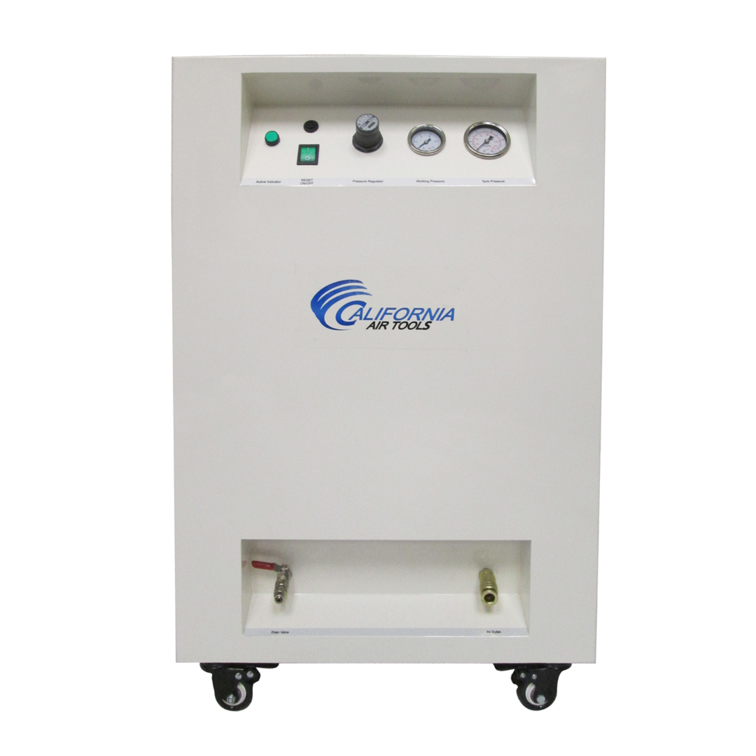 California Air Tools 8010SPC 1.0 Hp Ultra Quiet & Oil-Free Air Compressor with Sound Proof Cabinet rear panel view with ventilation and access