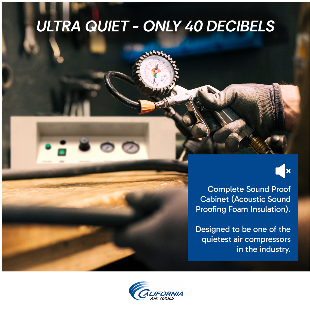 California Air Tools 8010SPC 1.0 Hp Ultra Quiet & Oil-Free Air Compressor with Sound Proof Cabinet ultra quiet indoor application usage