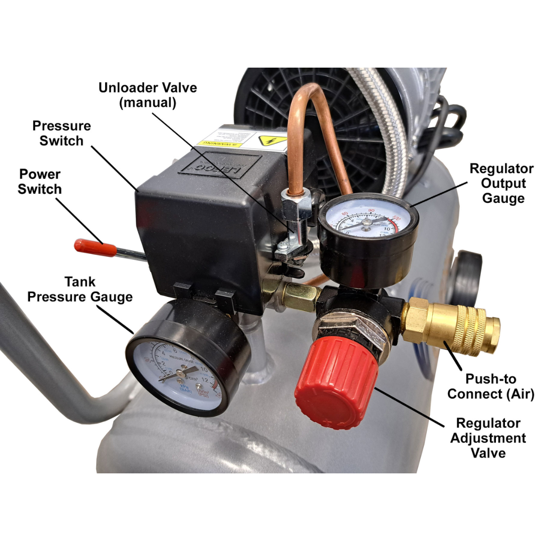 California Air Tools 8010 Ultra Quiet 1.0 Hp Oil-Free Lightweight 8-Gallon Air Compressor control panel and regulator close-up