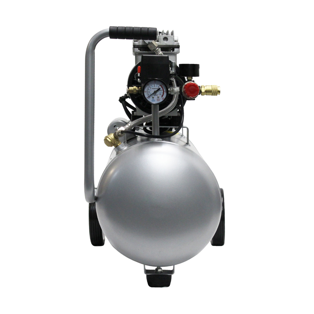 California Air Tools 8010 Ultra Quiet 1.0 Hp Oil-Free Lightweight 8-Gallon Air Compressor front angle view with control panel