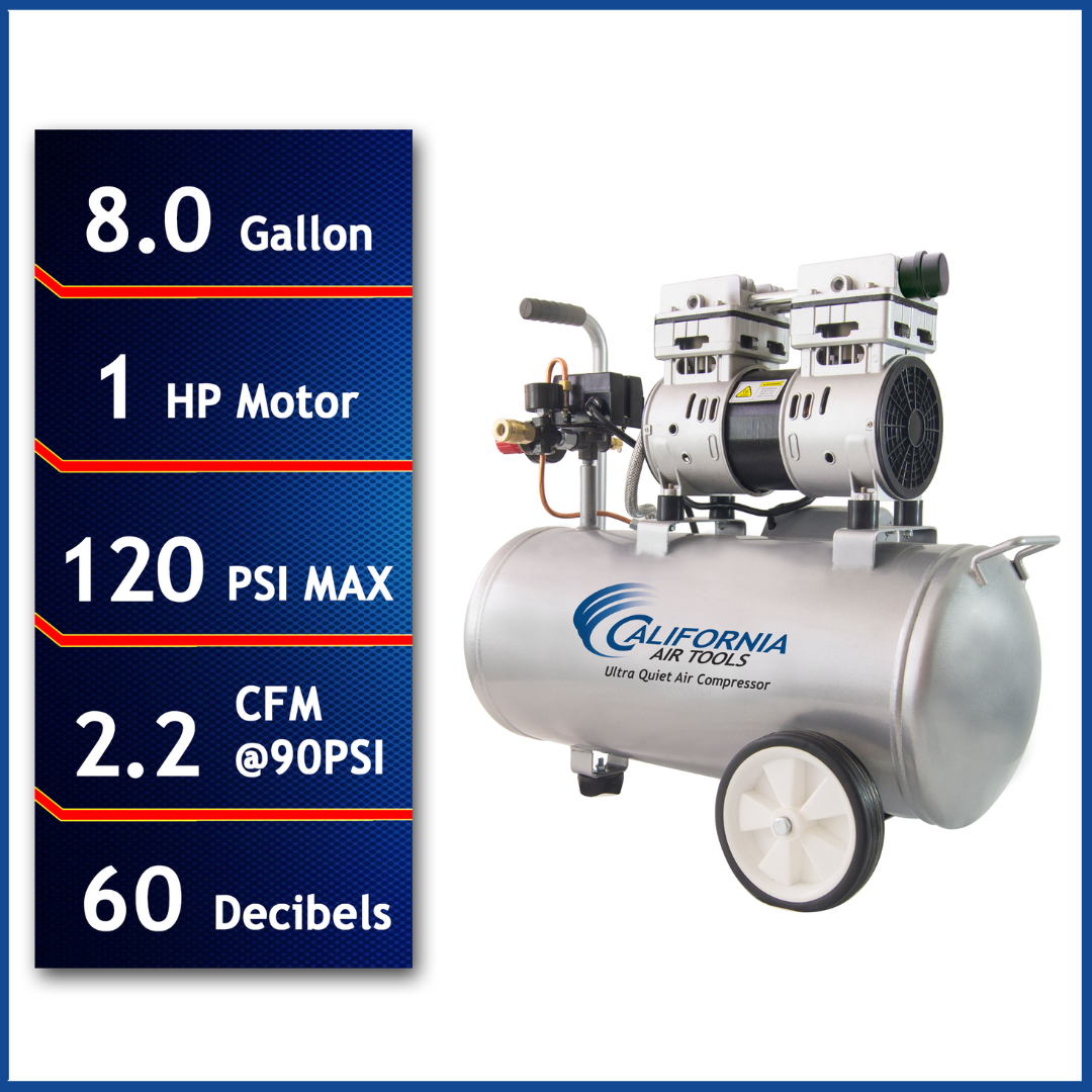 California Air Tools 8010 Ultra Quiet 1.0 Hp Oil-Free Lightweight 8-Gallon Air Compressor front view with specifications panel