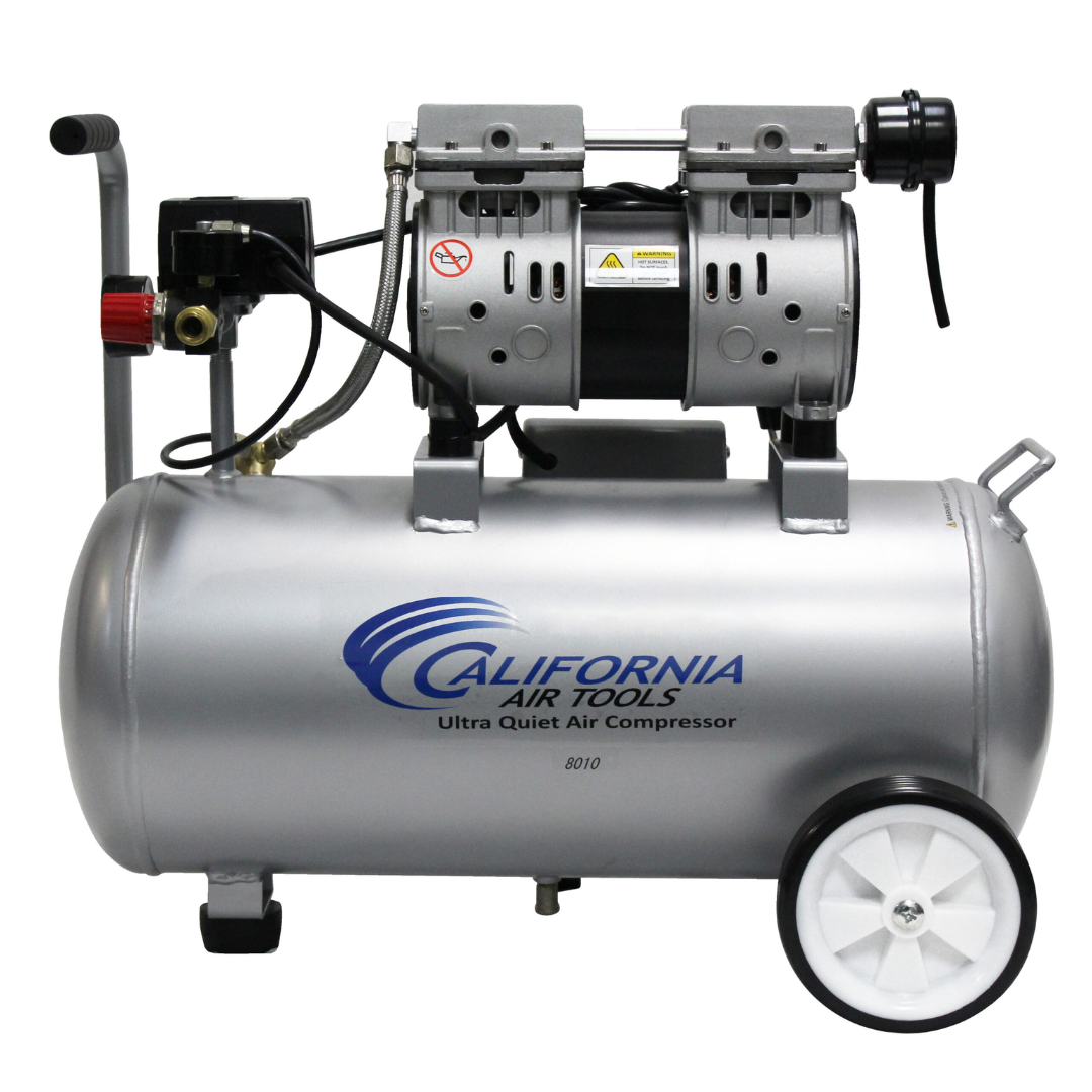 California Air Tools 8010 Ultra Quiet 1.0 Hp Oil-Free Lightweight 8-Gallon Air Compressor full side view with wheels and handle