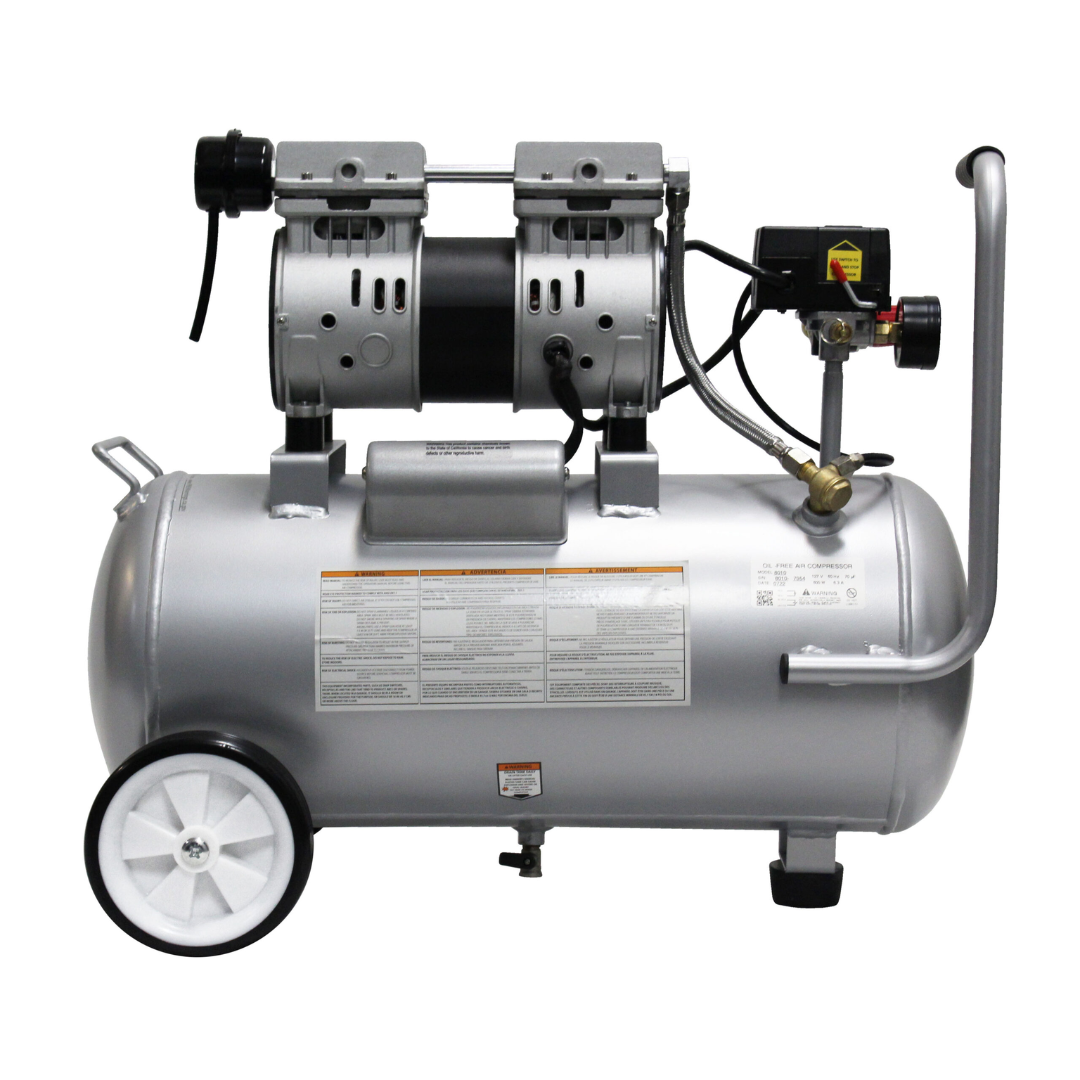 California Air Tools 8010 Ultra Quiet 1.0 Hp Oil-Free Lightweight 8-Gallon Air Compressor side profile showing dual pump system