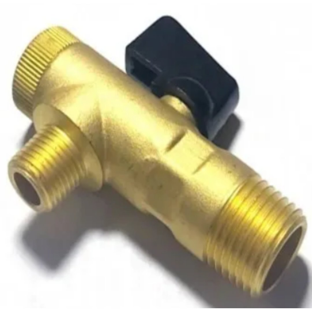 California Air Tools 91328 Strainer Filter Ball Valve close-up showing brass body with integrated shut-off valve and threaded inlet/outlet connections