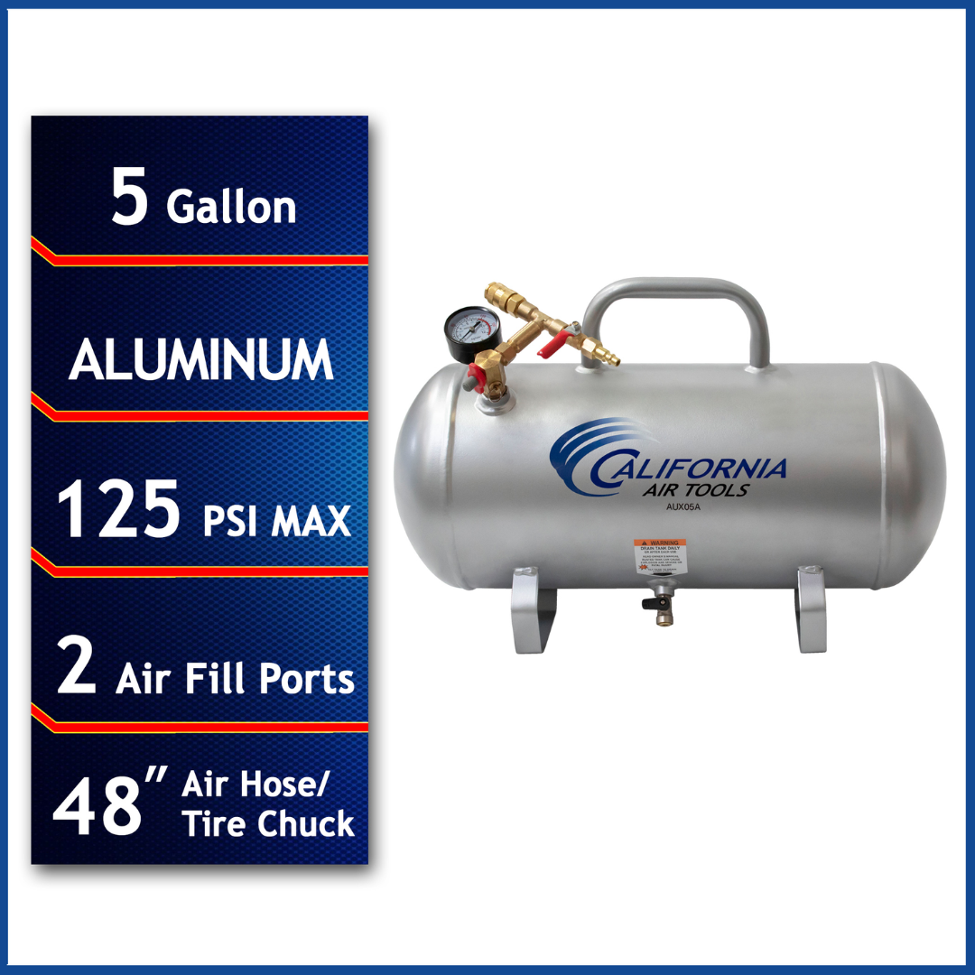 California Air Tools AUX05A 5.0 Gallon ALUMINUM (No Rust) Lightweight Auxiliary Air Tank with dual air ports and 125 PSI max rating