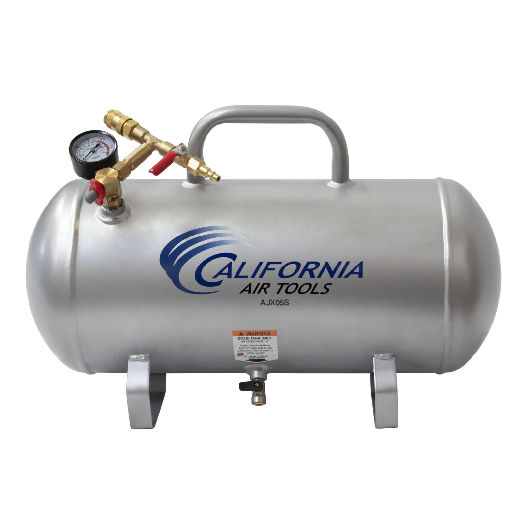 California Air Tools AUX05S 5.0 Gallon Steel Portable Auxiliary Air Tank side view with carry handle and air valve assembly