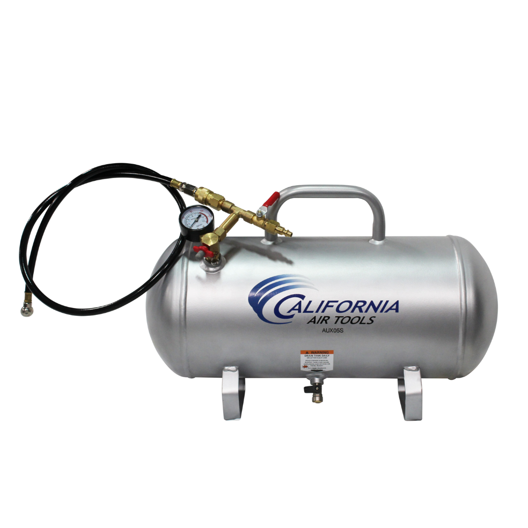 California Air Tools AUX05S 5.0 Gallon Steel Portable Auxiliary Air Tank with hose, pressure gauge, and fittings for portable air storage