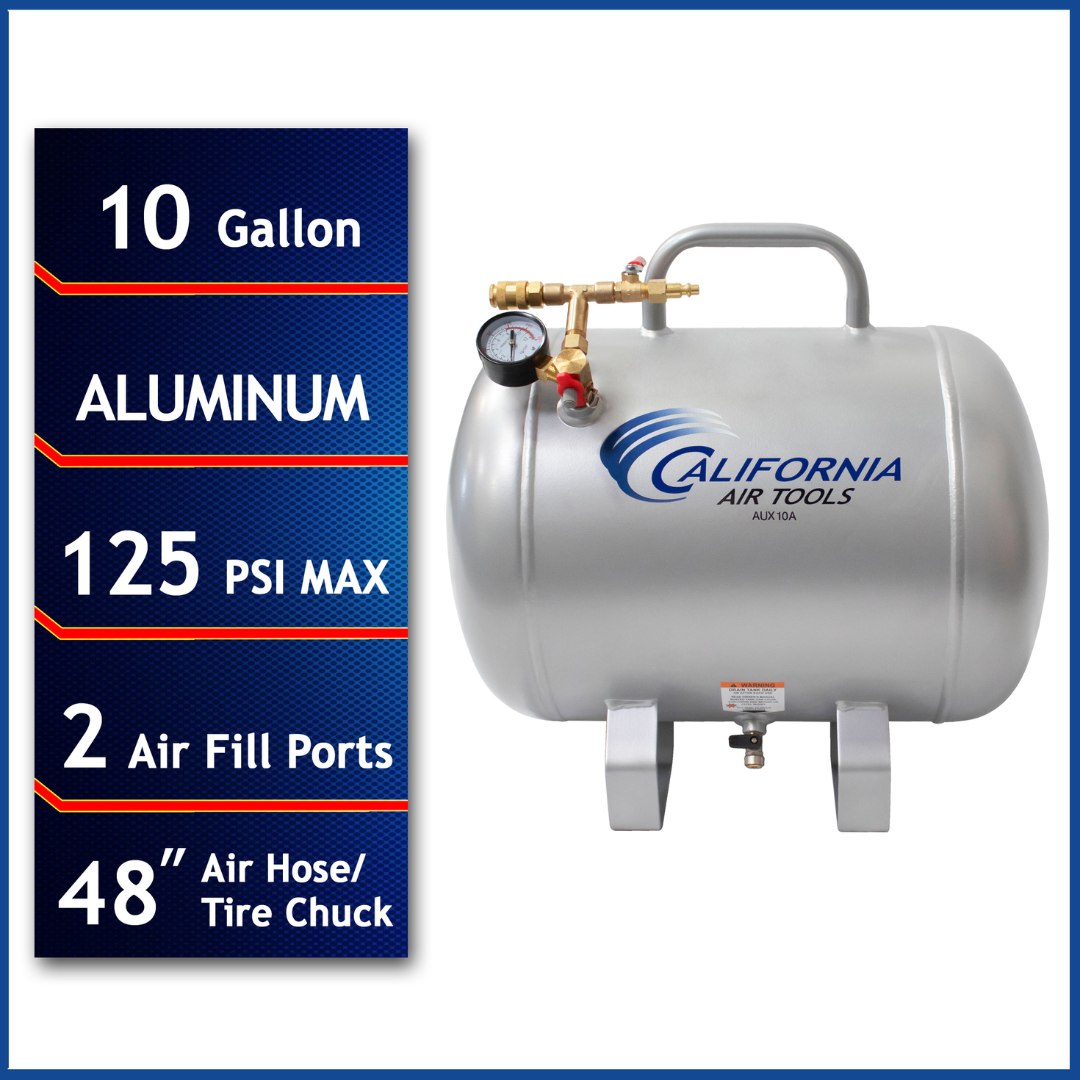 California Air Tools AUX10A 10 Gallon ALUMINUM (No Rust) Ultra Lightweight Auxiliary Air Tank with dual air ports, 125 PSI max, and portable design