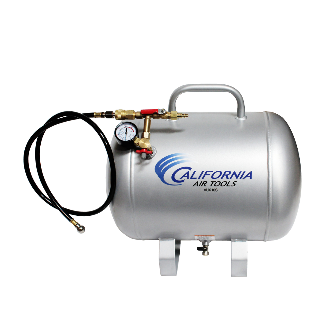 California Air Tools AUX10S 10 Gallon Steel Portable Auxiliary Air Tank with hose and regulator attached, front angled view