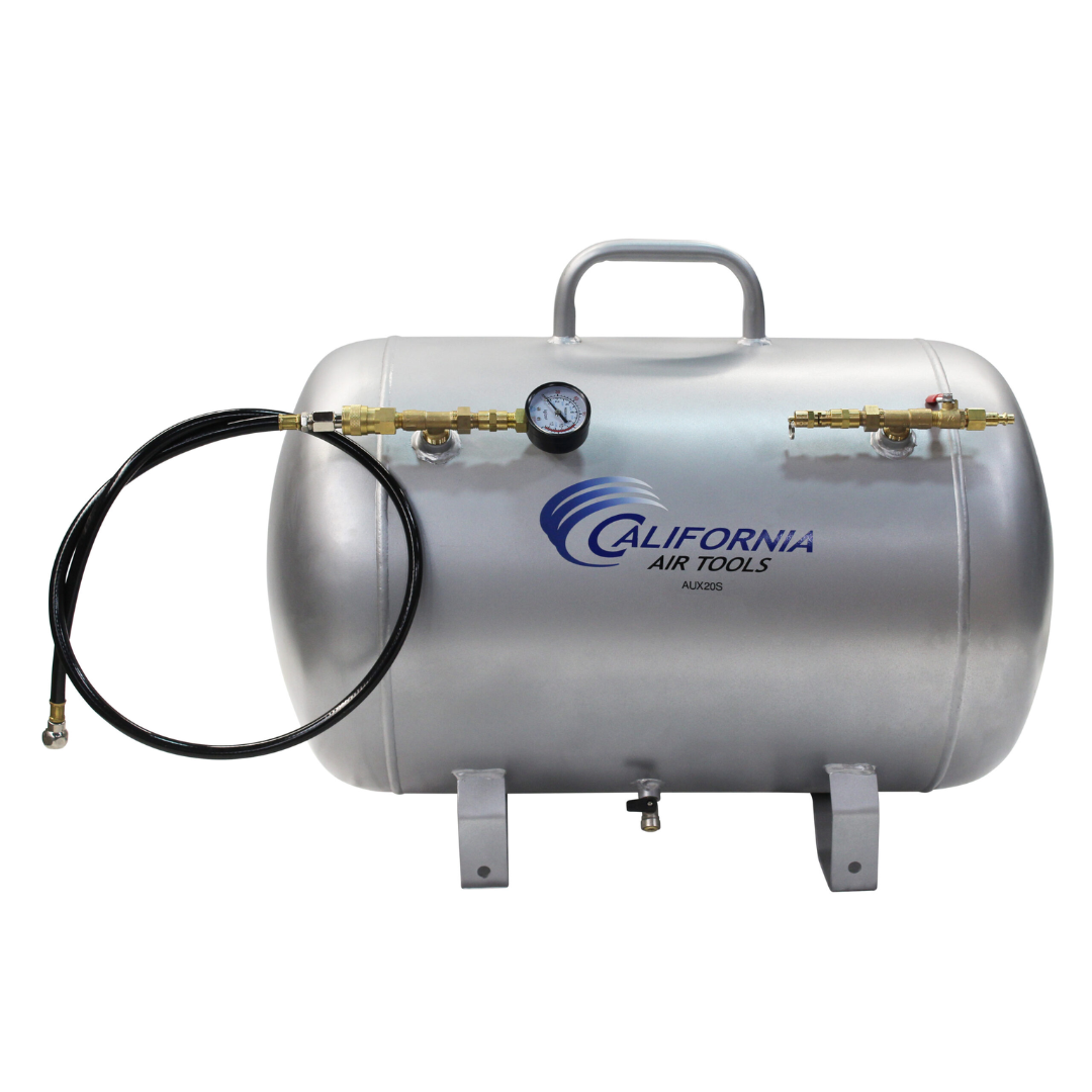 California Air Tools AUX20S 20 Gallon Steel Portable Auxiliary Air Tank with hose and regulator attached, front angled view