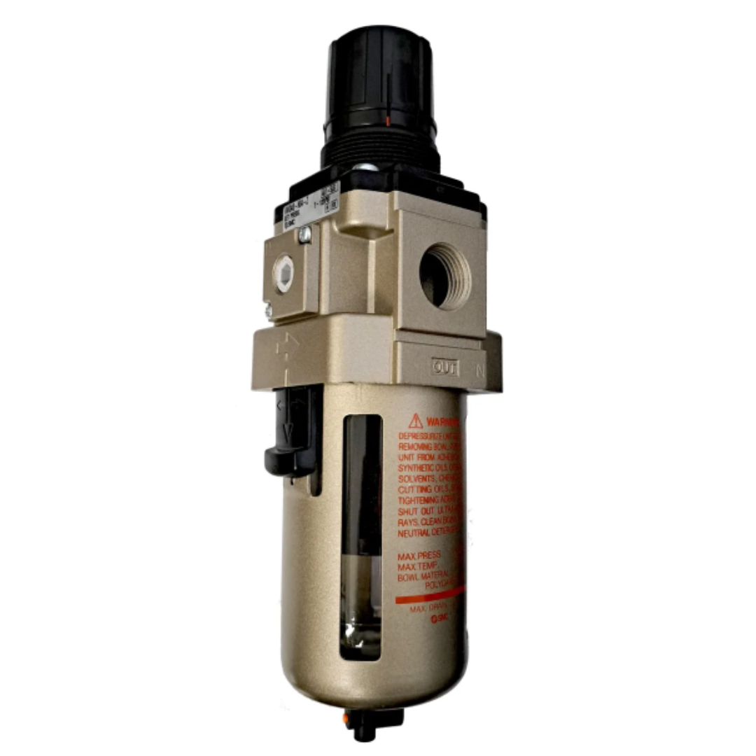 California Air Tools 91426 air pressure filter regulator with micro mist separator showing metal body, 1/2 NPT ports, and moisture collection chamber