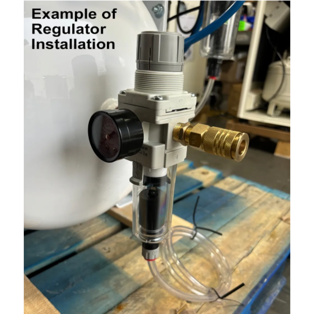 California Air Tools 3/8 inch NPT air pressure regulator with 5 micron filter installed on compressor system for clean and regulated air delivery