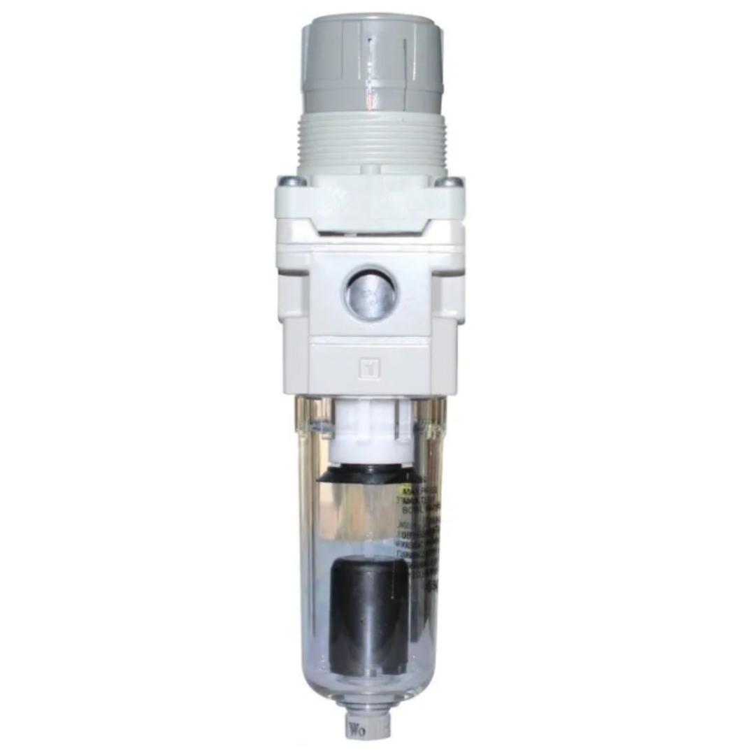 California Air Tools 90998 air pressure regulator with 5 micron filtration and 3/8 NPT port showing moisture separation chamber and durable housing