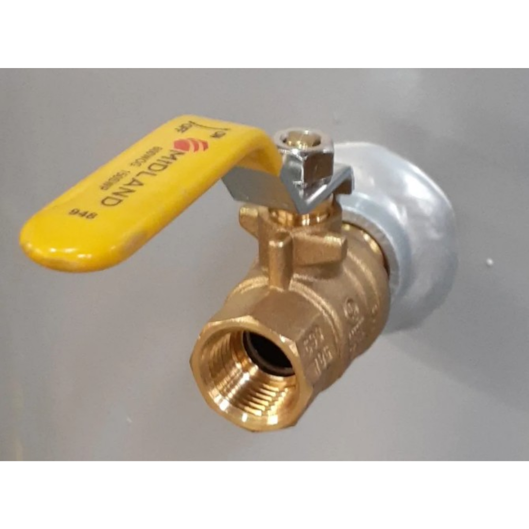California Air Tools Ball Valve 1/2 NPT Air Output 90187 angled perspective highlighting durable brass housing and ergonomic yellow shut-off handle