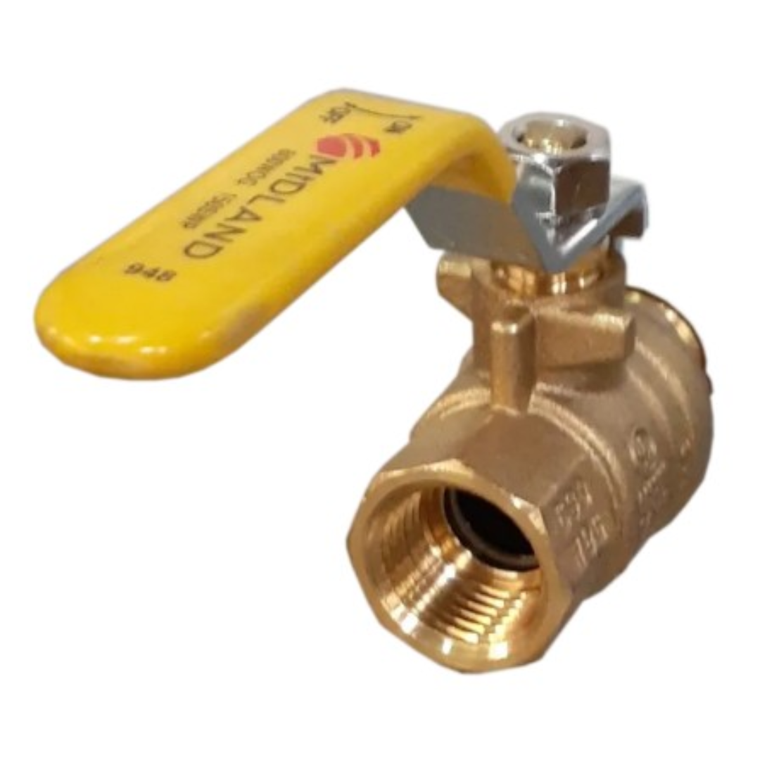 California Air Tools Ball Valve 1/2 NPT Air Output 90187 close-up showing brass construction with yellow lever handle and threaded female connection
