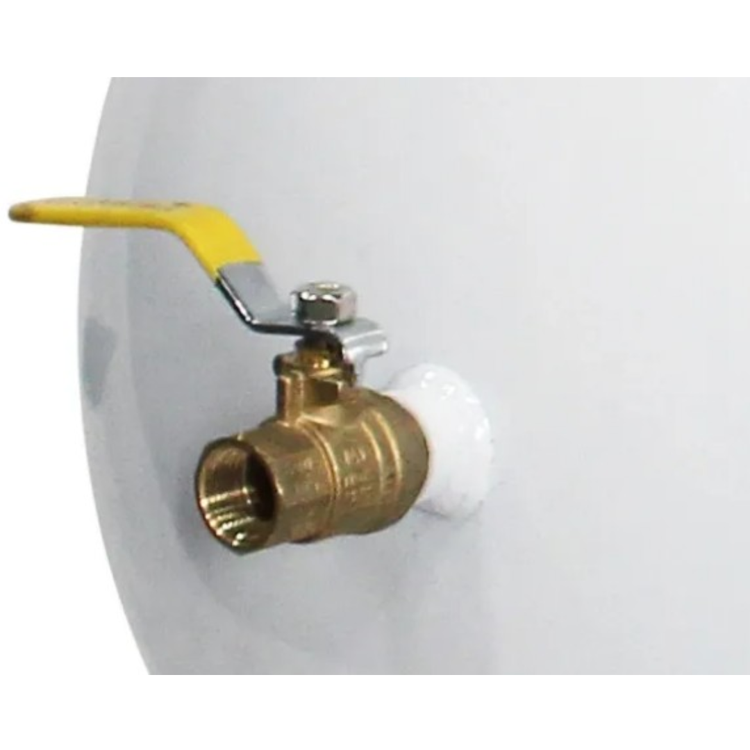 California Air Tools Ball Valve 1/2 NPT Air Output 90187 side angle view displaying brass body, inlet/outlet threading, and lever handle position