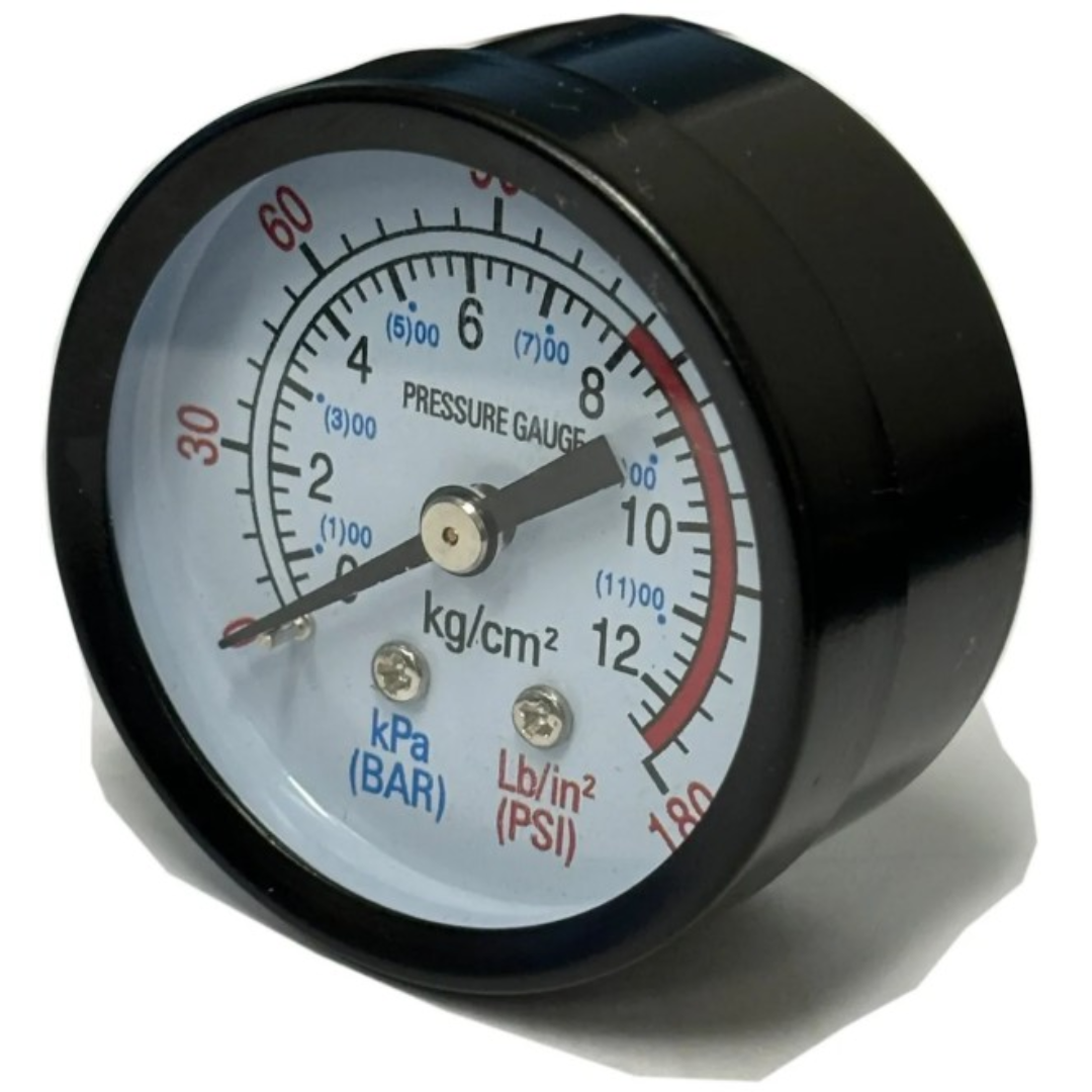 California Air Tools Big Pressure Gauge 2.0″ Diameter Center Back Mount 1/4″ NPT 0-180 PSI P/N 96006 front view showing clear dual-scale PSI and BAR readings